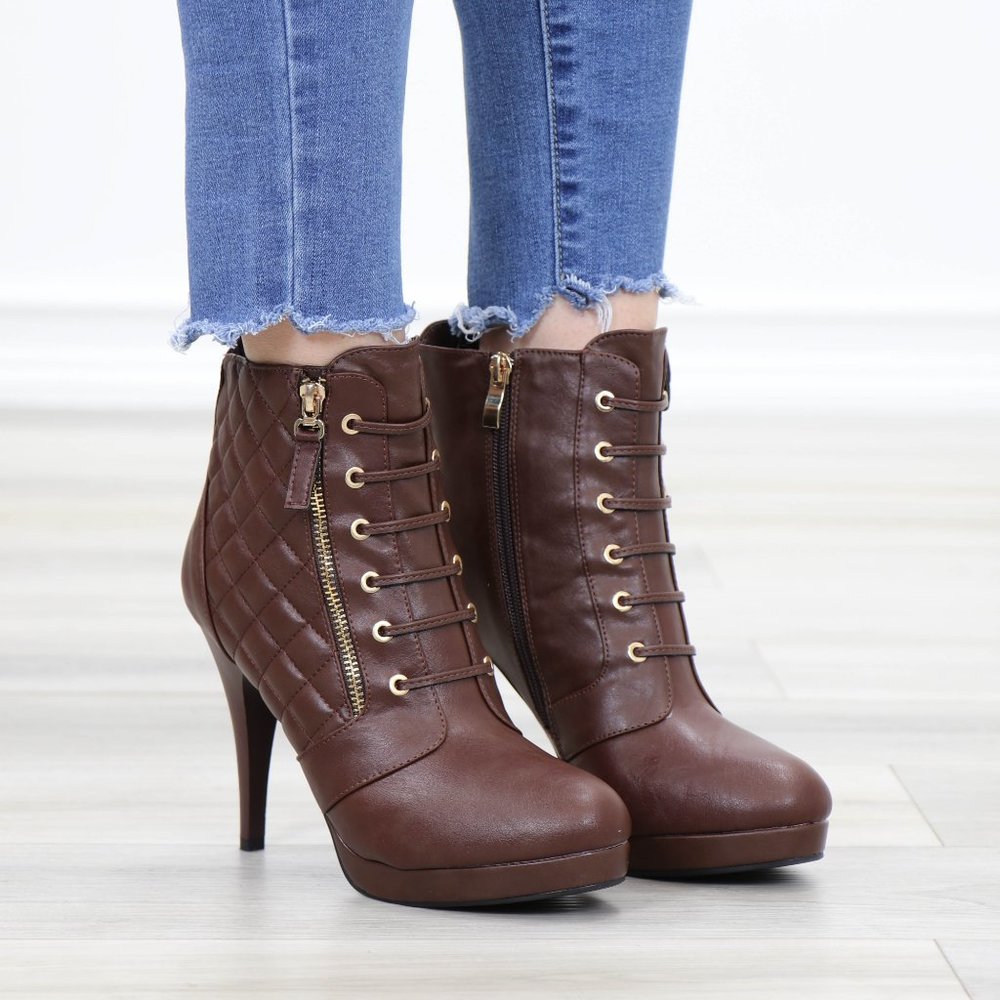 Brown Platform High Heel Ankle Boots - Picture 2 of 14